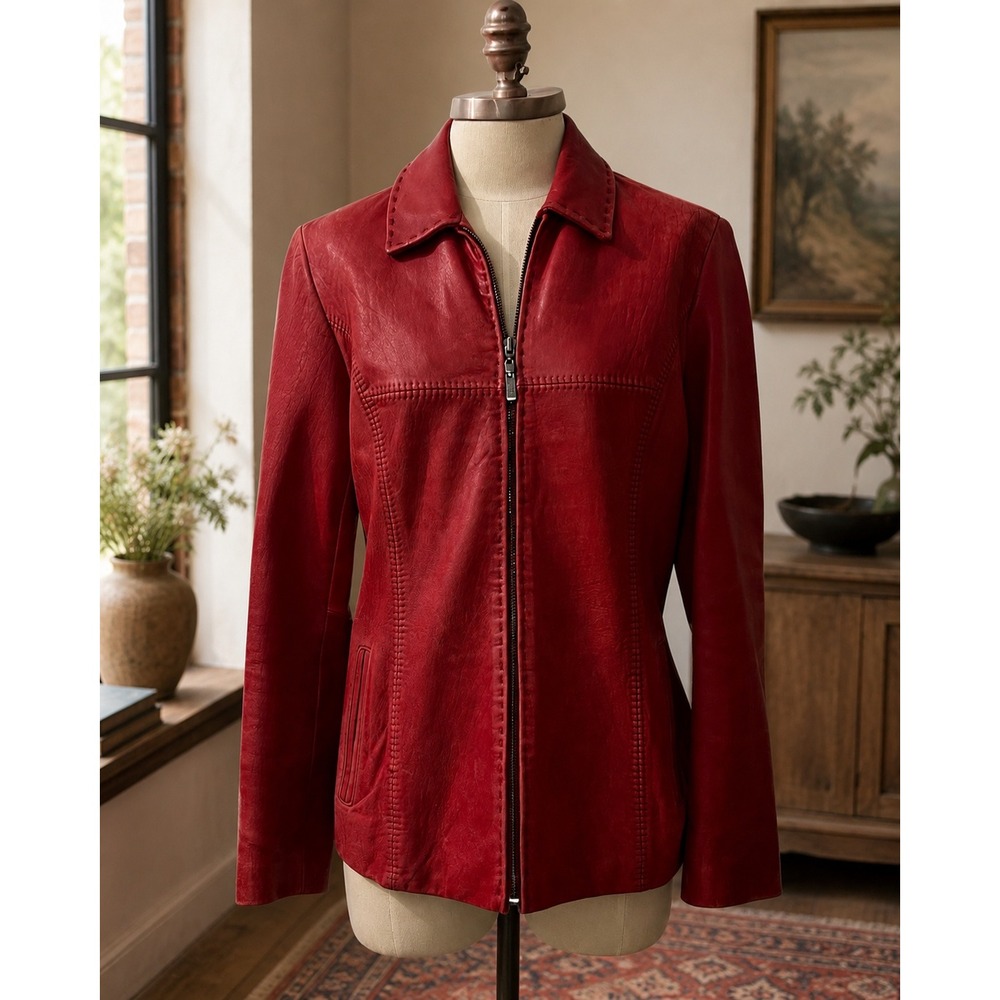 Jones New York Red Leather Whipstitch Zip‎ Up Jacket Womens Medium